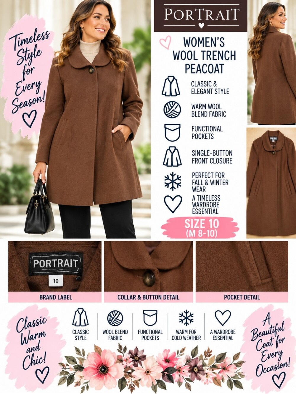 Portrait women's size 10 light brown wool trench peacoat #35